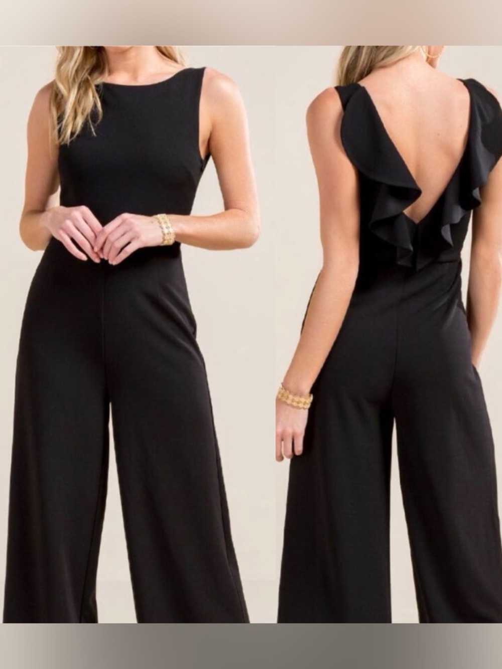 Francesca’s black sleeveless jumpsuit back ruffle side zipper XS NWOT lined top